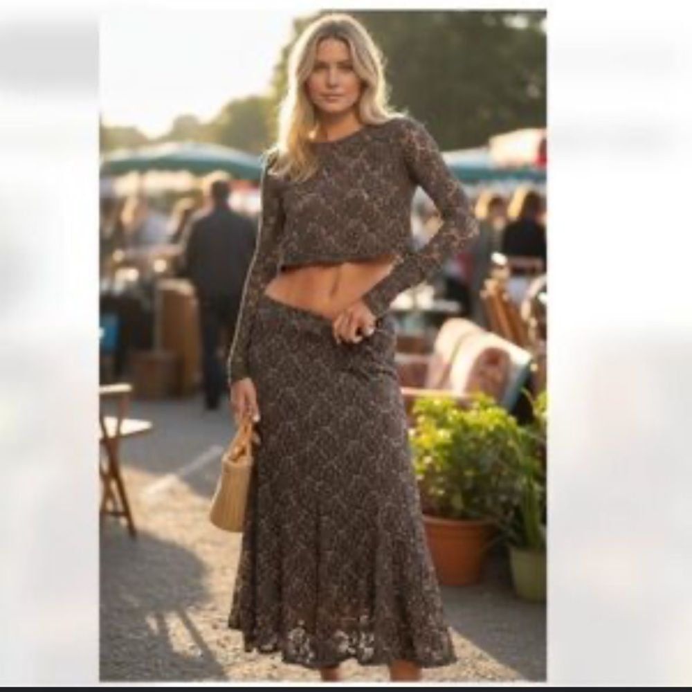 NWOT NEW Free People Laney Crop Long Sleeve Brown Black Lace Midi Skirt Set
